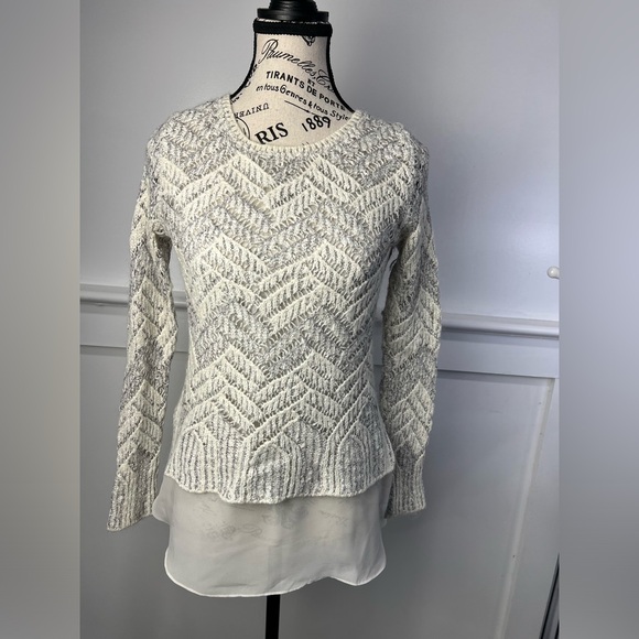 Lucky Brand- white and silver long sleeve sweater with built in sheer shirt - Picture 2 of 10